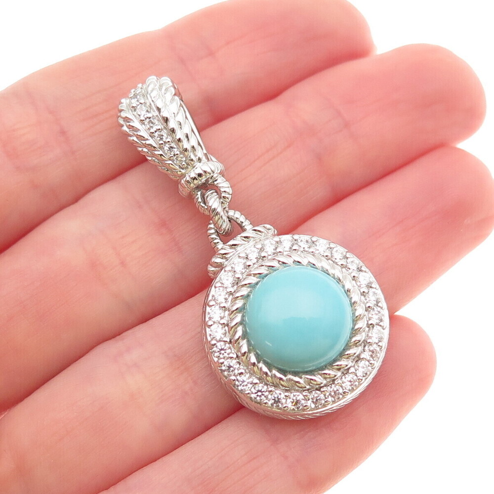 Judith Ripka 925 Sterling Silver Real Round-Cut Turquoise & C Z Charm Pendant